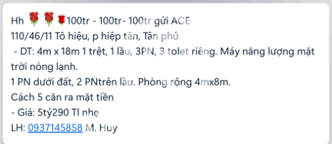 Bán Nhà phố Hẻm Đường Tô Hiệu Tân Phú - 2 tầng 