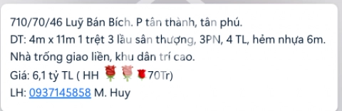 Bán Nhà phố Hẻm Đường Lũy Bán Bích Tân Phú 