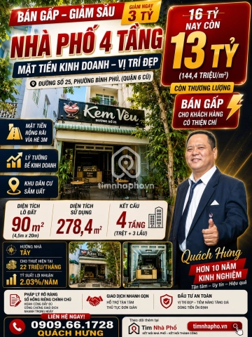 Nhà phố Mặt Tiền Đường Số 25 Quận 6 - 4 tầng - Giá Chỉ 13 Tỷ